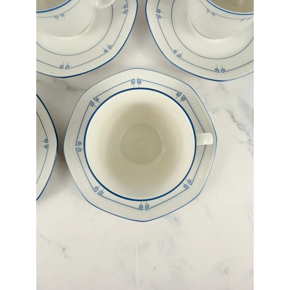 Schirnding Bavaria MCM Blue Greek Key Set of 6 Teacups & 5 Saucers